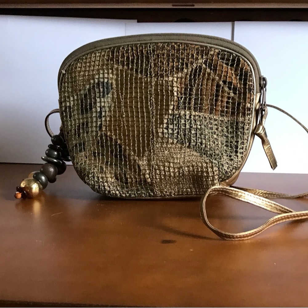 Italian Leather Small Gold Crossbody Purse covered in gold mesh crossbody bag